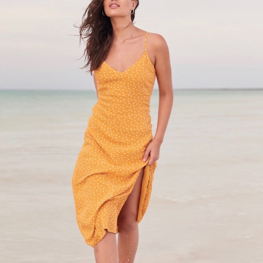 A&F Navy Polka Dot Midi Slip Dress w Slit - XS Petite